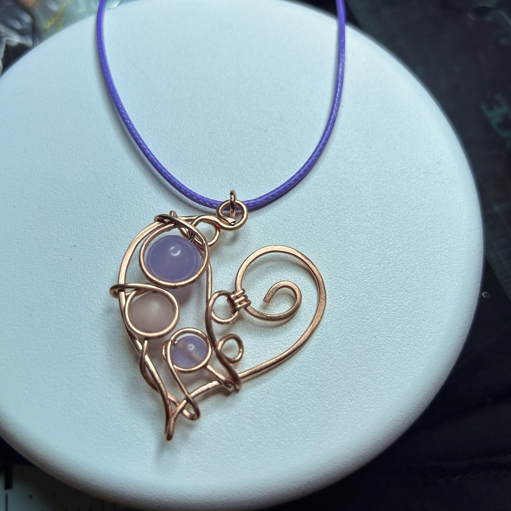 Purple and Gold Heart Necklace with Artistic Wire Design